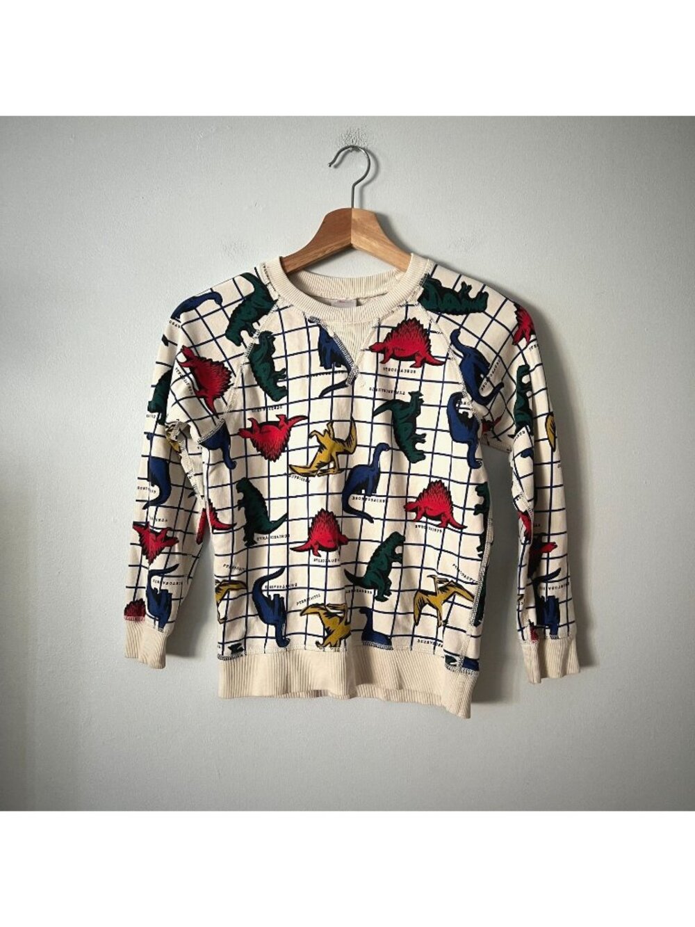 Hanna Andersson Dinosaur Grid Cotton Crewneck Sweatshirt Kid's Size 130/8 Years